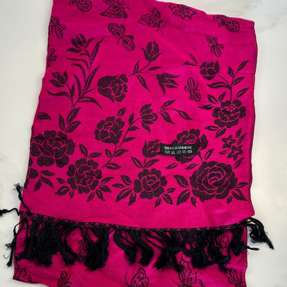 Pink and Black cashmere Floral Scarf with Fringe